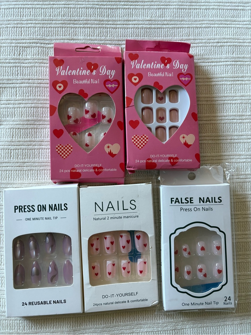5 New Boxes Valentine's Day Heart Press-On Nails - Pink & Red Hearts